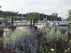 Åhus hamn med glassbåt och restauranger